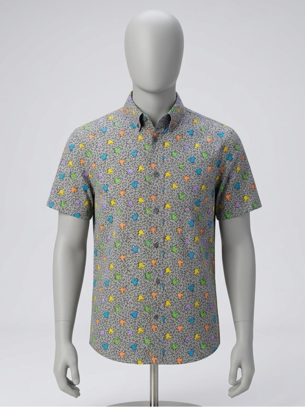 Disney Short-Sleeve Button-Down Shirt in Gray with Multicolor Mickey Pattern